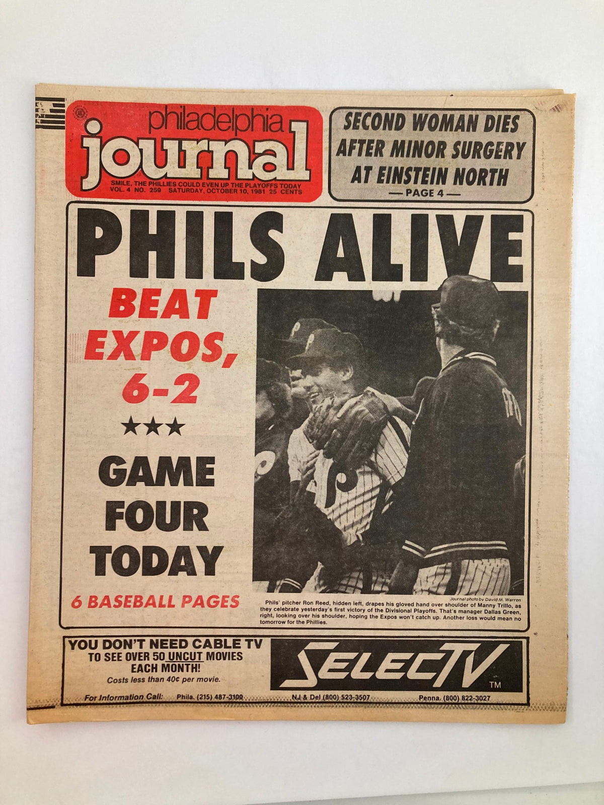 Philadelphia Journal Tabloid October 10 1981 front page featuring sports headline 'PHILS ALIVE BEAT EXPOS, 6-2', showcasing a photo of baseball players celebrating with the text mentioning 'GAME FOUR TODAY' and '6 BASEBALL PAGES'.