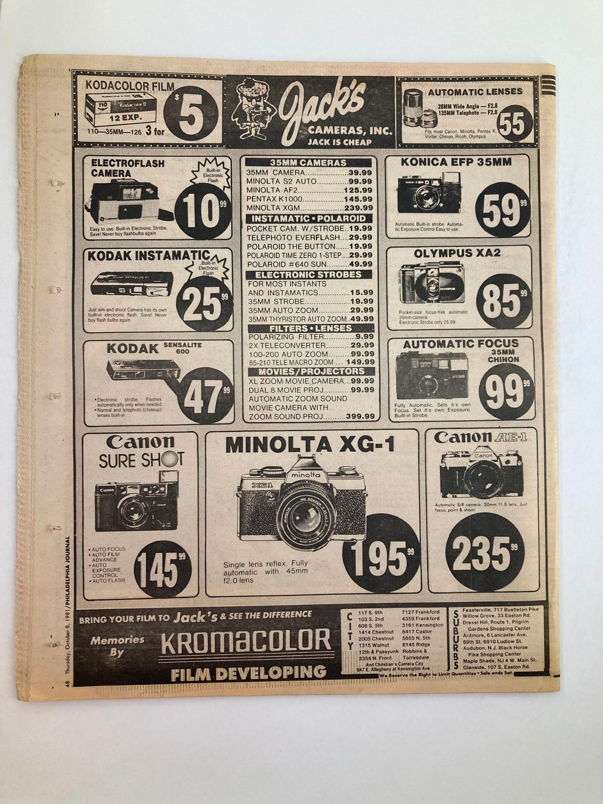 Advertising page from Jack's Cameras showcasing various camera models and prices, from the Philadelphia Journal Tabloid dated October 8, 1981.