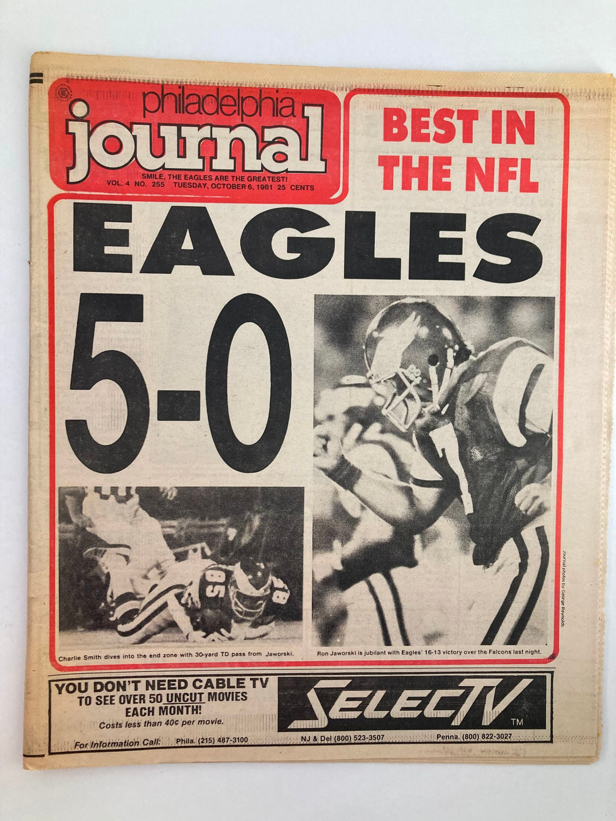 Philadelphia Journal Tabloid from October 6, 1981, featuring NFL players Charles Smith and Ron Jaworski, highlighting the Eagles' impressive 5-0 record.