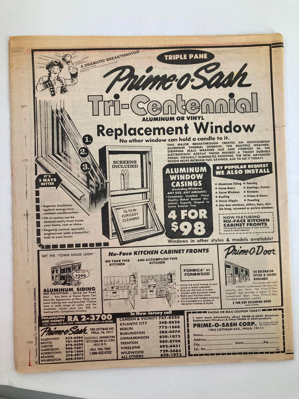 Philadelphia Journal Tabloid from October 6, 1981, showcasing an advertisement for Prime-O-Sash replacement windows.