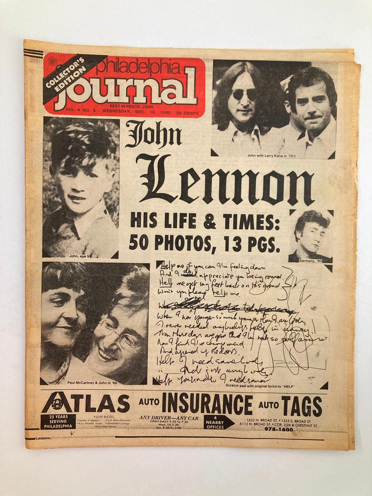 Philadelphia Journal Tabloid December 10, 1980, Vol 4 #5 featuring John Lennon and Larry Kane, showcasing nostalgic photographs and text highlighting Lennon’s life and times.