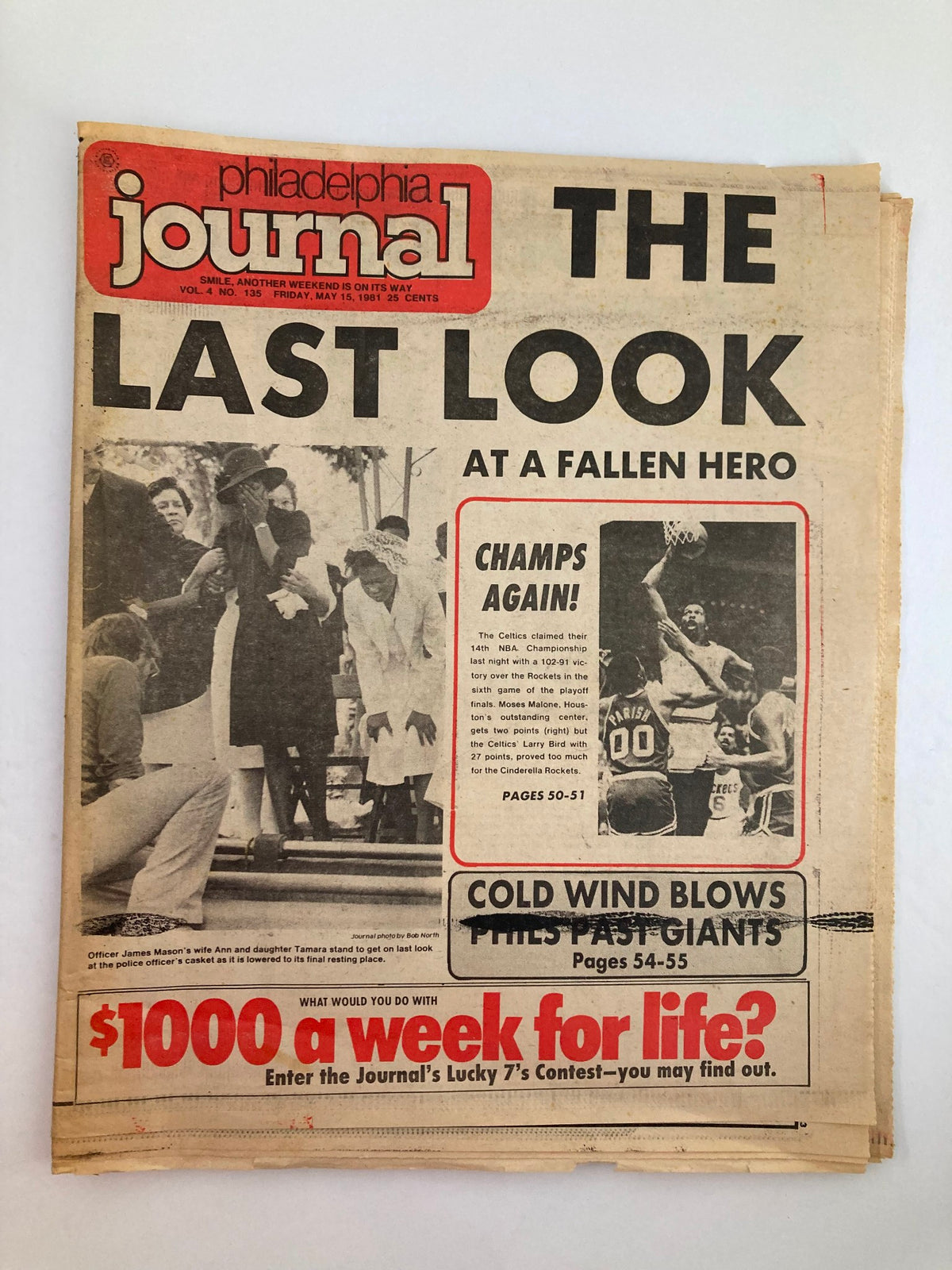Philadelphia Journal Tabloid May 15 1981 cover featuring 'The Last Look at a Fallen Hero' and highlights on NBA 76ers with Moses Malone.
