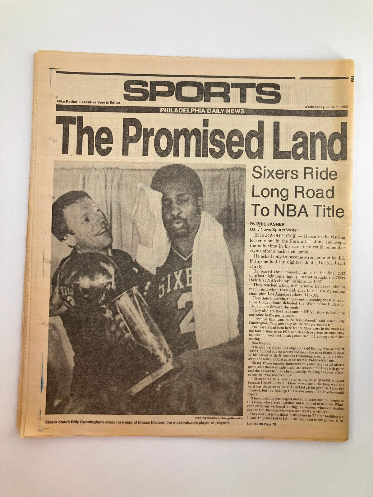 Philadelphia Daily News Tabloid June 1 1983 showcasing Billy Cunningham and the Sixers celebrating their long-awaited NBA title victory, under the headline 'The Promised Land'.