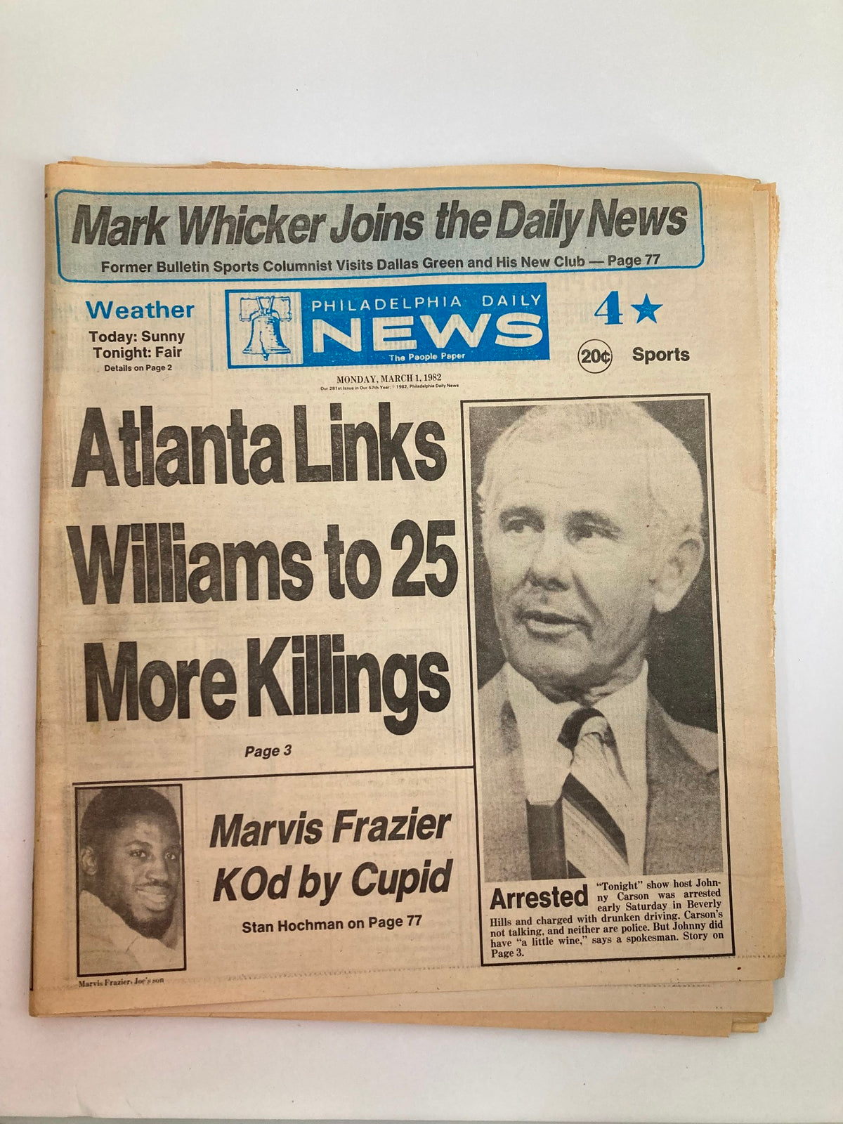 Philadelphia Daily News Tabloid March 1, 1982 featuring Marvis Frazier on the front page with headlines about Atlanta links to killings.