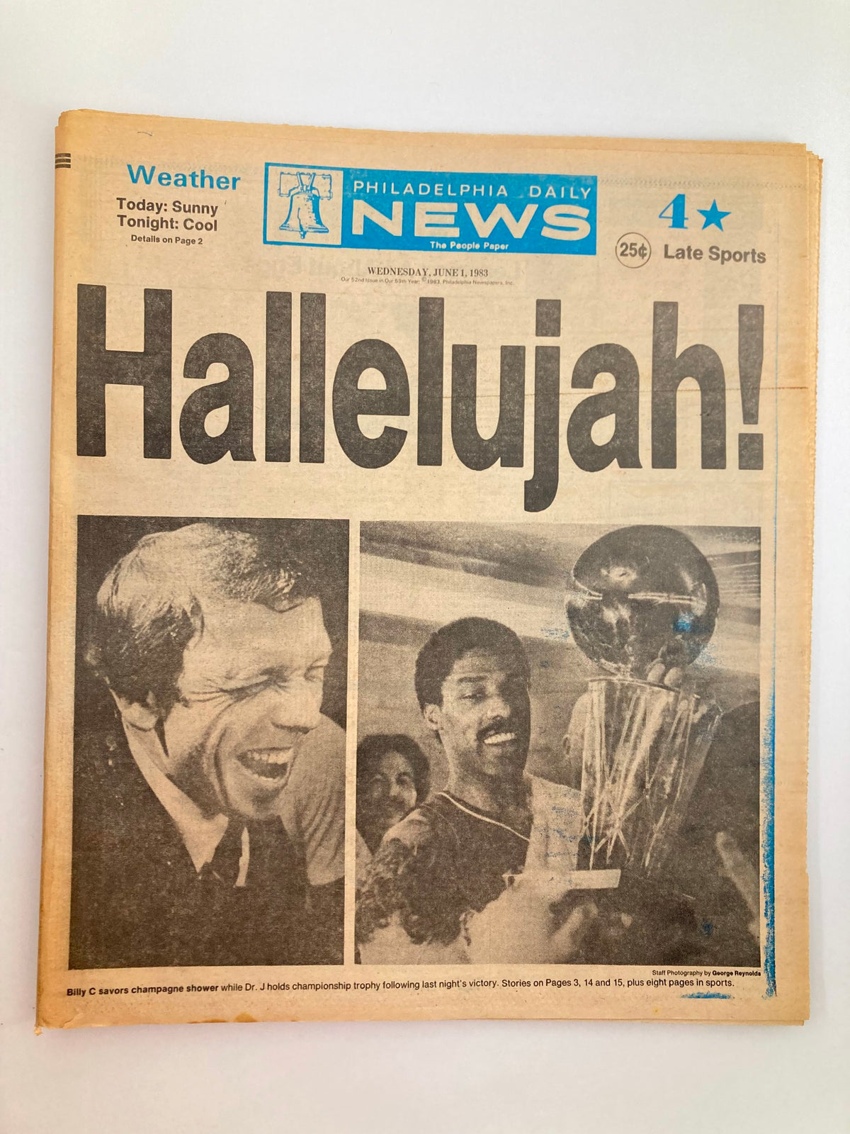 Philadelphia Daily News Tabloid June 1 1983 featuring Billy Cunningham celebrating with champagne and Julius Erving holding a championship trophy after a victorious game.