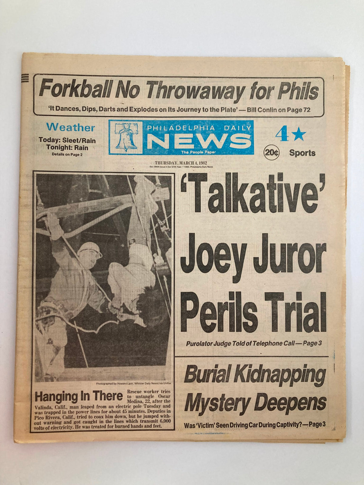 Philadelphia Daily News Tabloid from March 4, 1982 featuring 'Talkative' Joey Juror and the trial details, showcasing news coverage about a jury case with images related to the trial.