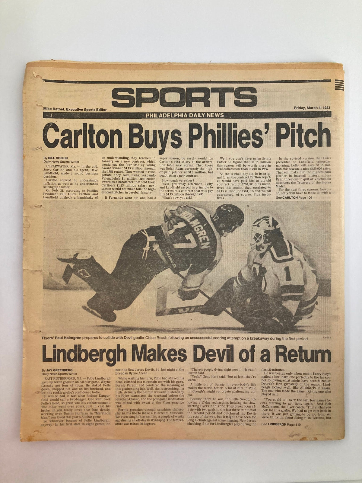 Philadelphia Daily News Tabloid from March 4, 1983, featuring sports headlines including an article on Steve Carlton, reflecting on his achievements with the Philadelphia Phillies.
