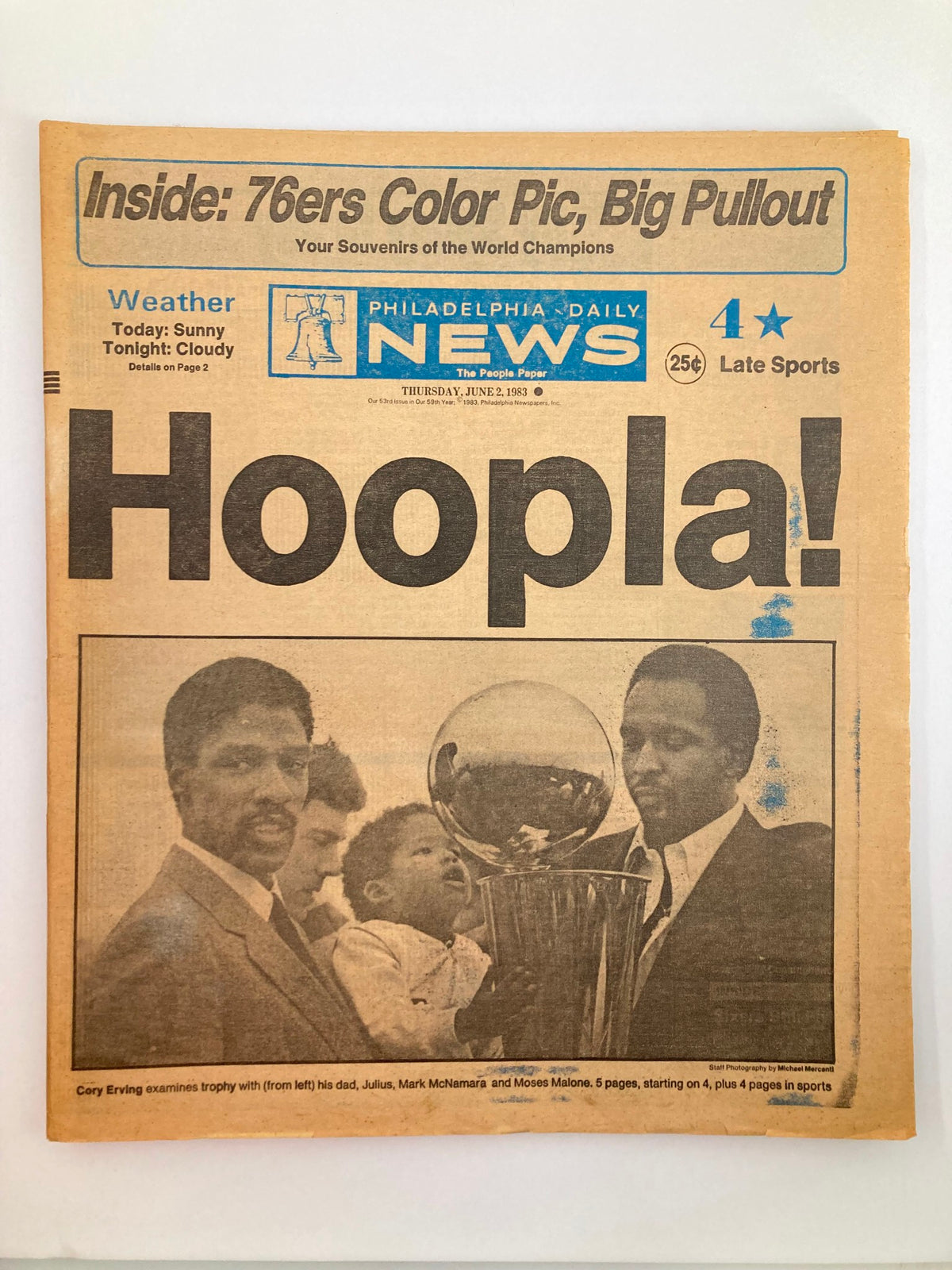 Philadelphia Daily News Tabloid June 2, 1983 showcasing Cory Erving examining a trophy with Julius Erving, Mark McNamara, and a child, representing notable sports culture of the 80s.