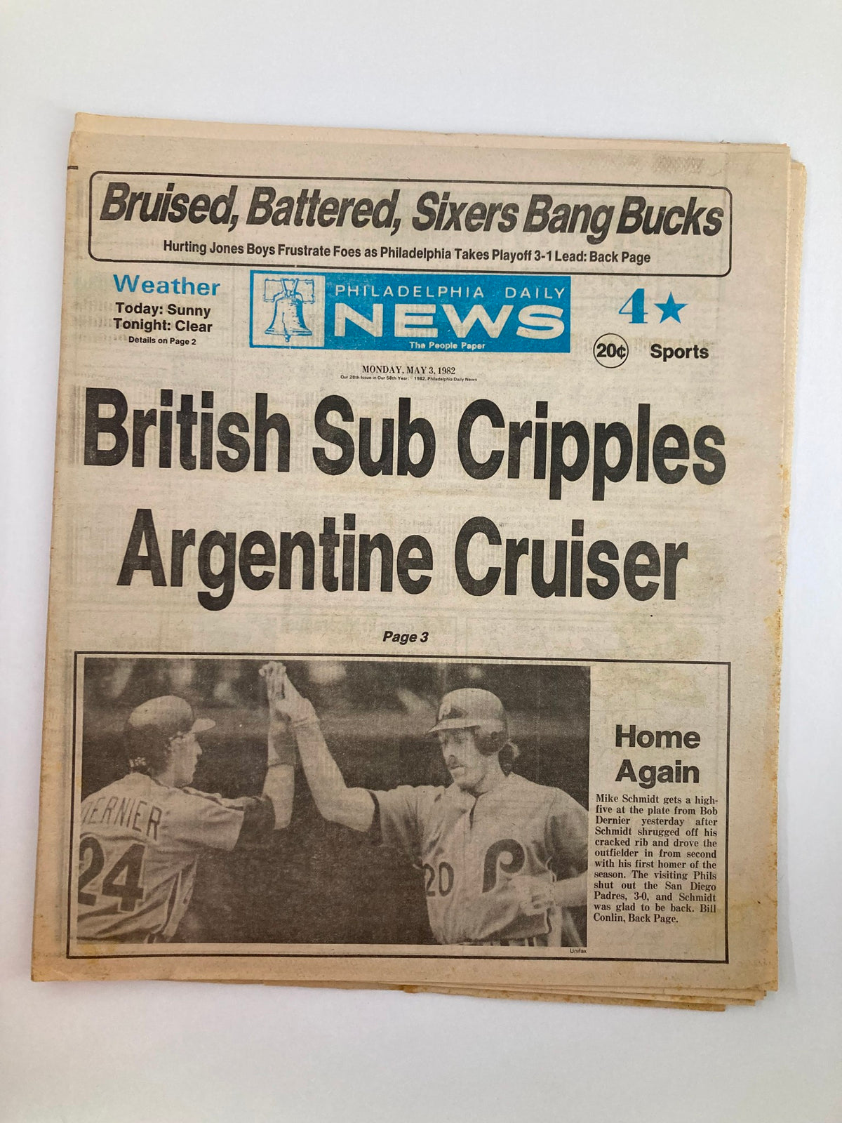 Philadelphia Daily News Tabloid from May 3, 1982 featuring MLB Phillies and Mike Schmidt, titled 'Home Again', highlighting sports news and weather updates.