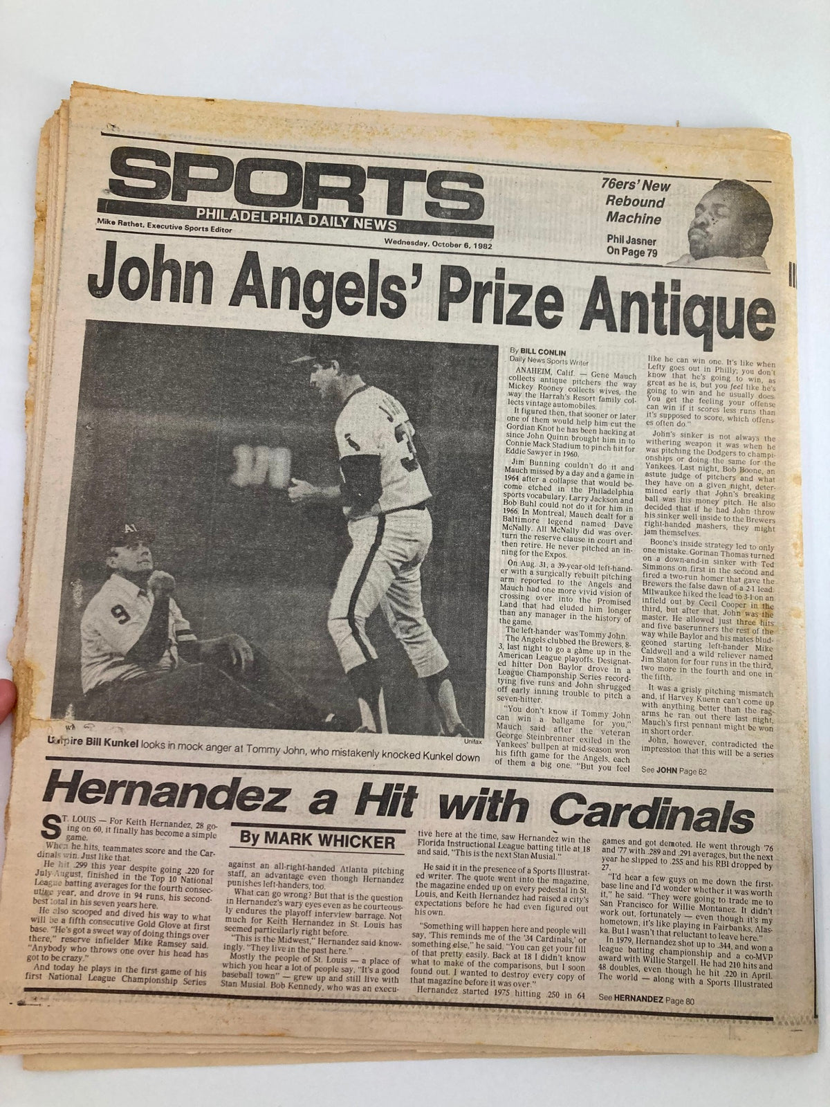 Philadelphia Daily News Tabloid from October 6, 1982 featuring MLB player Don Baylor and a sports article titled 'Hernandez a Hit with Cardinals'. Image shows the front page with a sports headline and accompanying visuals.