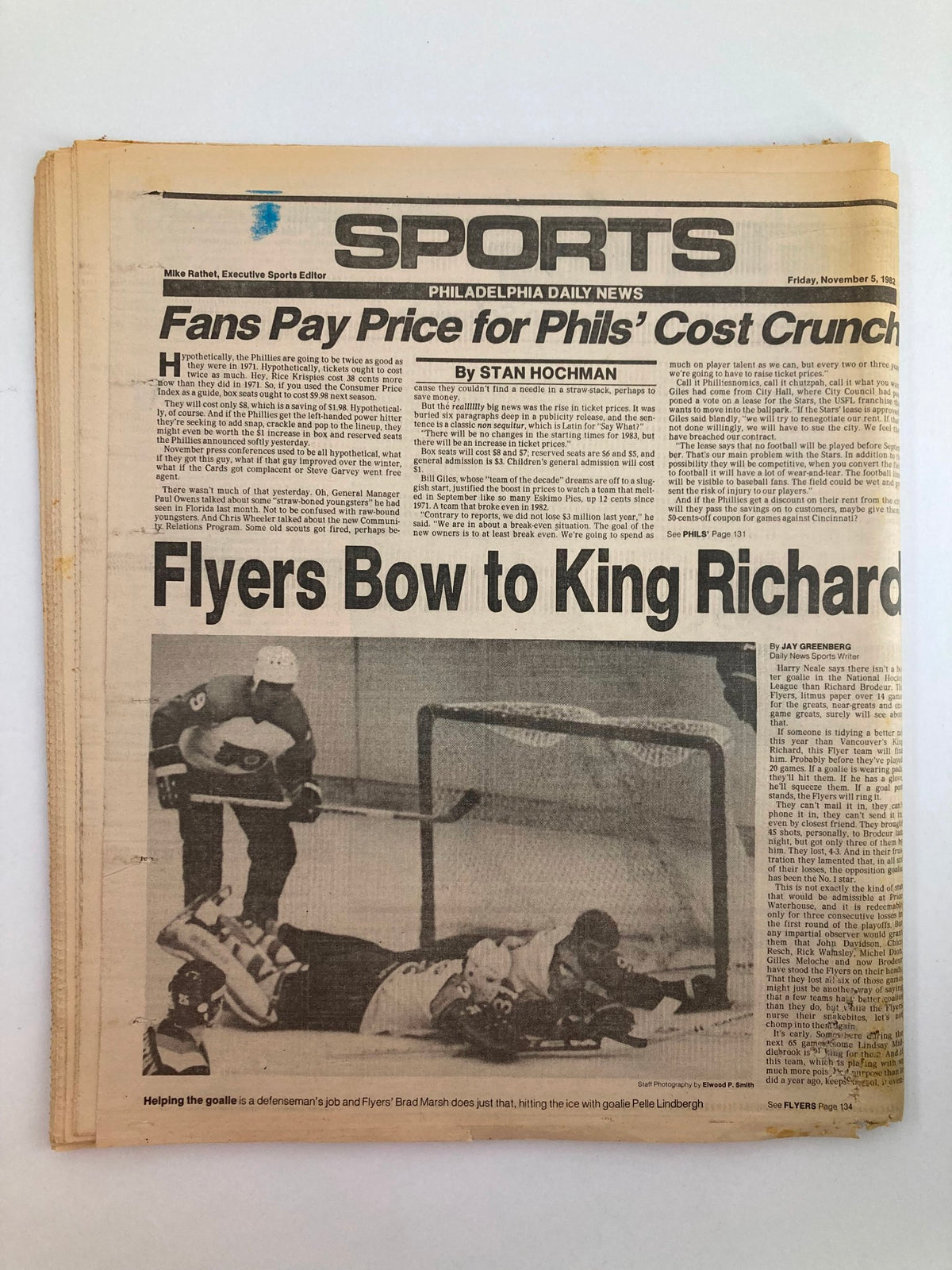 Philadelphia Daily News Tabloid dated November 5, 1982 showcasing the sports section with the headline 'Fans Pay Price for Phils’ Cost Crunch' and details on the Philadelphia Flyers. The newspaper shows signs of age, including yellowing.