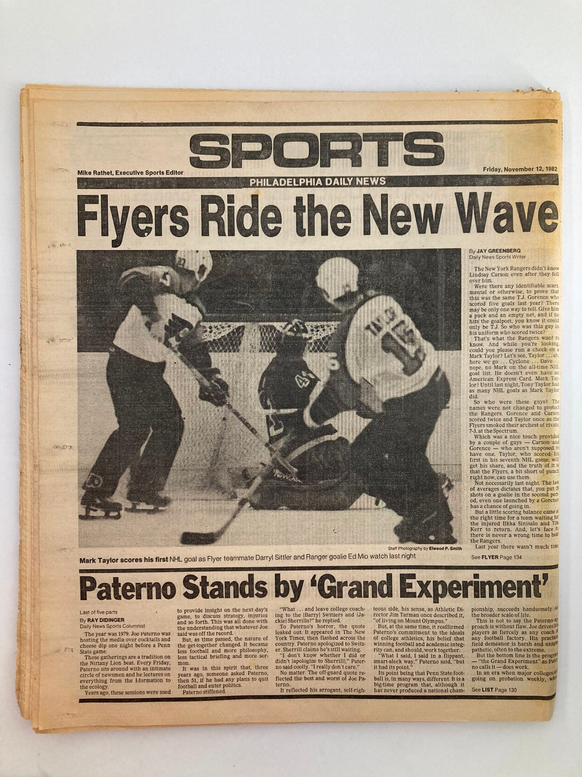 Philadelphia Daily News Tabloid from November 12, 1982, showcasing the sports section with the headline 'Flyers Ride the New Wave', reflecting the sports themes of the era.