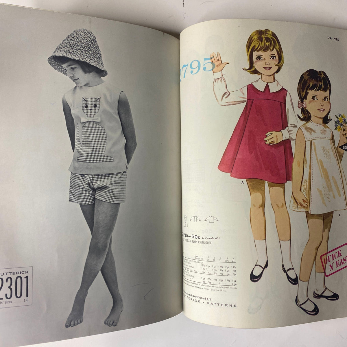 1963 Butterick June Catalog showcasing children's swimwear patterns featuring a girl wearing a hat and shorts, alongside illustrated sewing patterns.