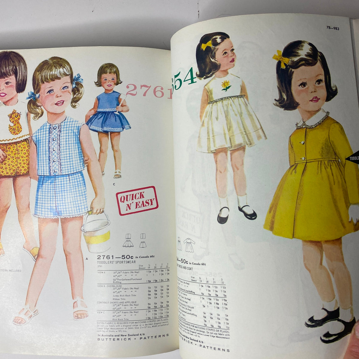 1963 Butterick June Catalog presenting colorful toddler's summer outfits, including dresses and playsuits, with QR code for 'Quick and Easy' patterns.