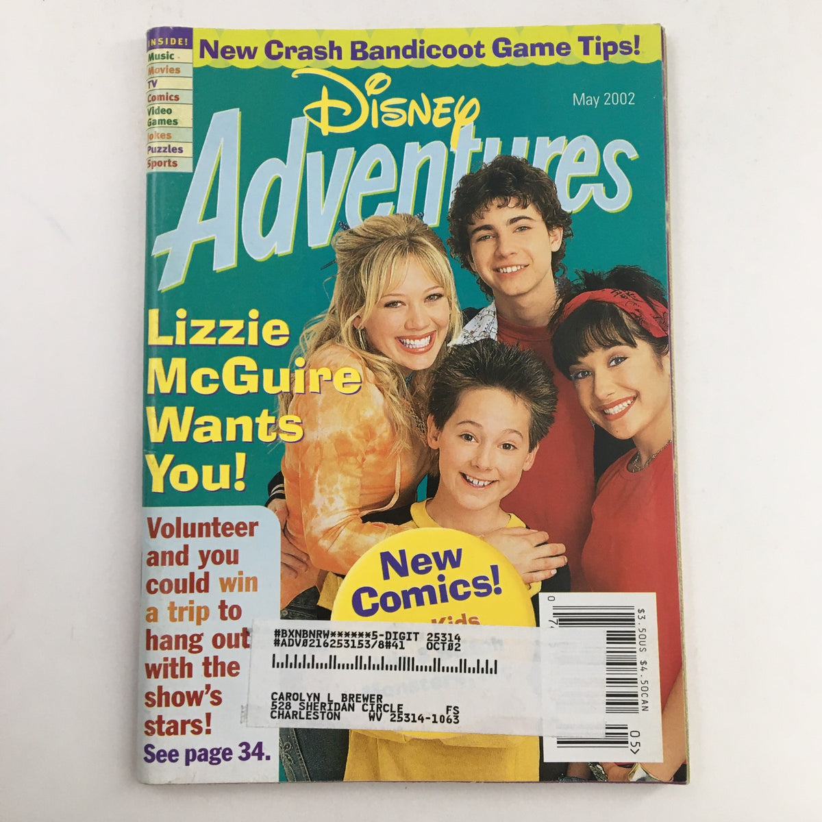 Cover of Disney Adventures Magazine May 2002 featuring Lizzie McGuire, Hilary Duff, and more. The magazine promotes comic content and engagement with the show's stars.