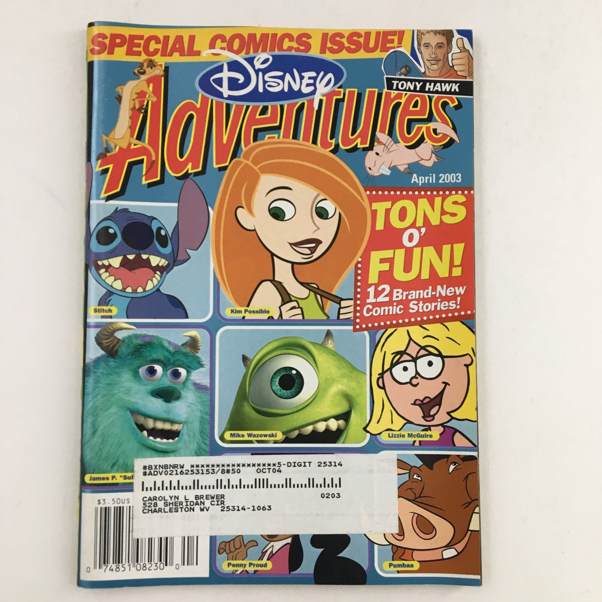 Disney Adventures Magazine April 2003 cover featuring characters Stitch, Kim Possible, and more, showcasing vibrant art and comic stories.