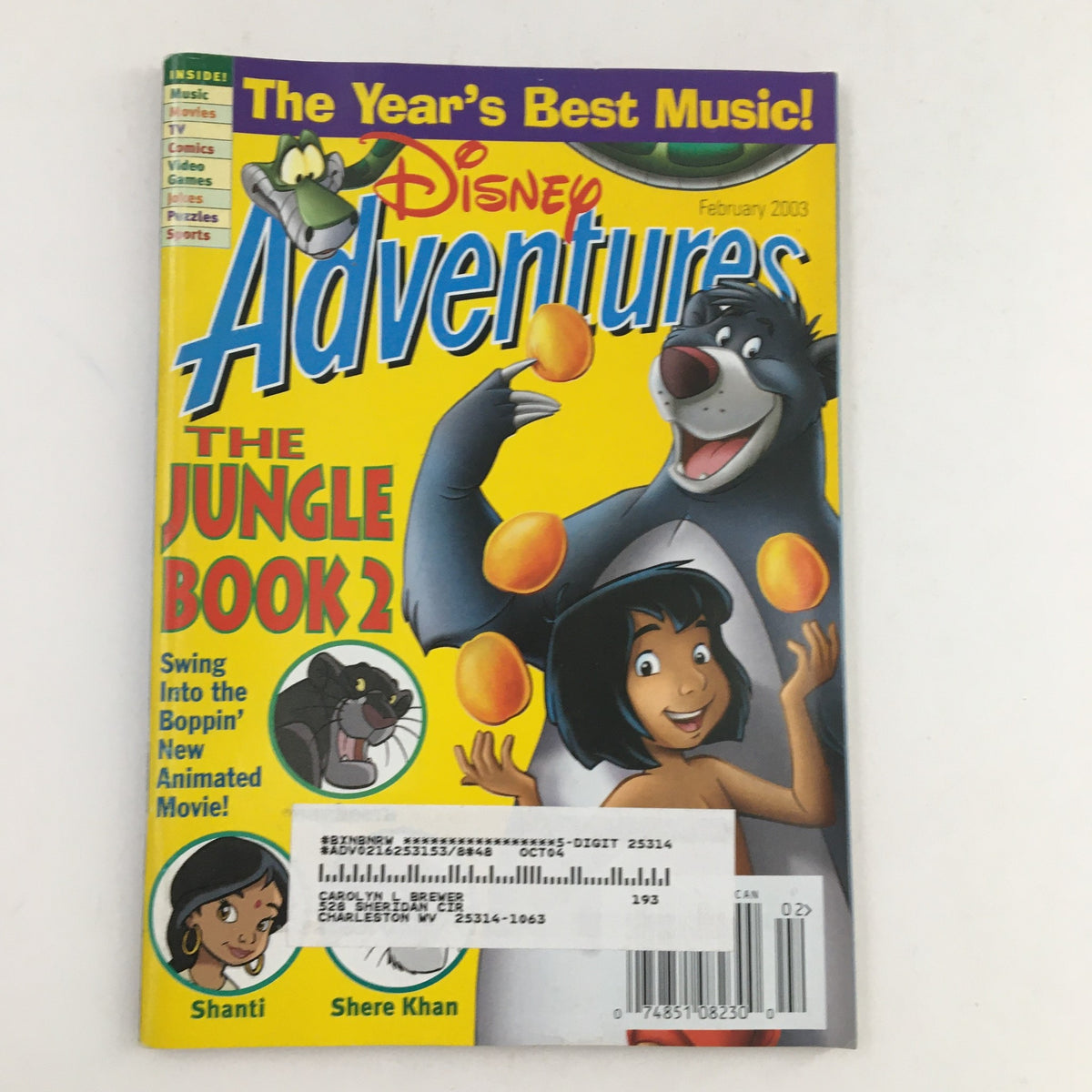 Disney Adventures Magazine February 2003 featuring The Jungle Book 2, showcasing characters Mowgli, Baloo, and Shanti on the cover, in very good condition.