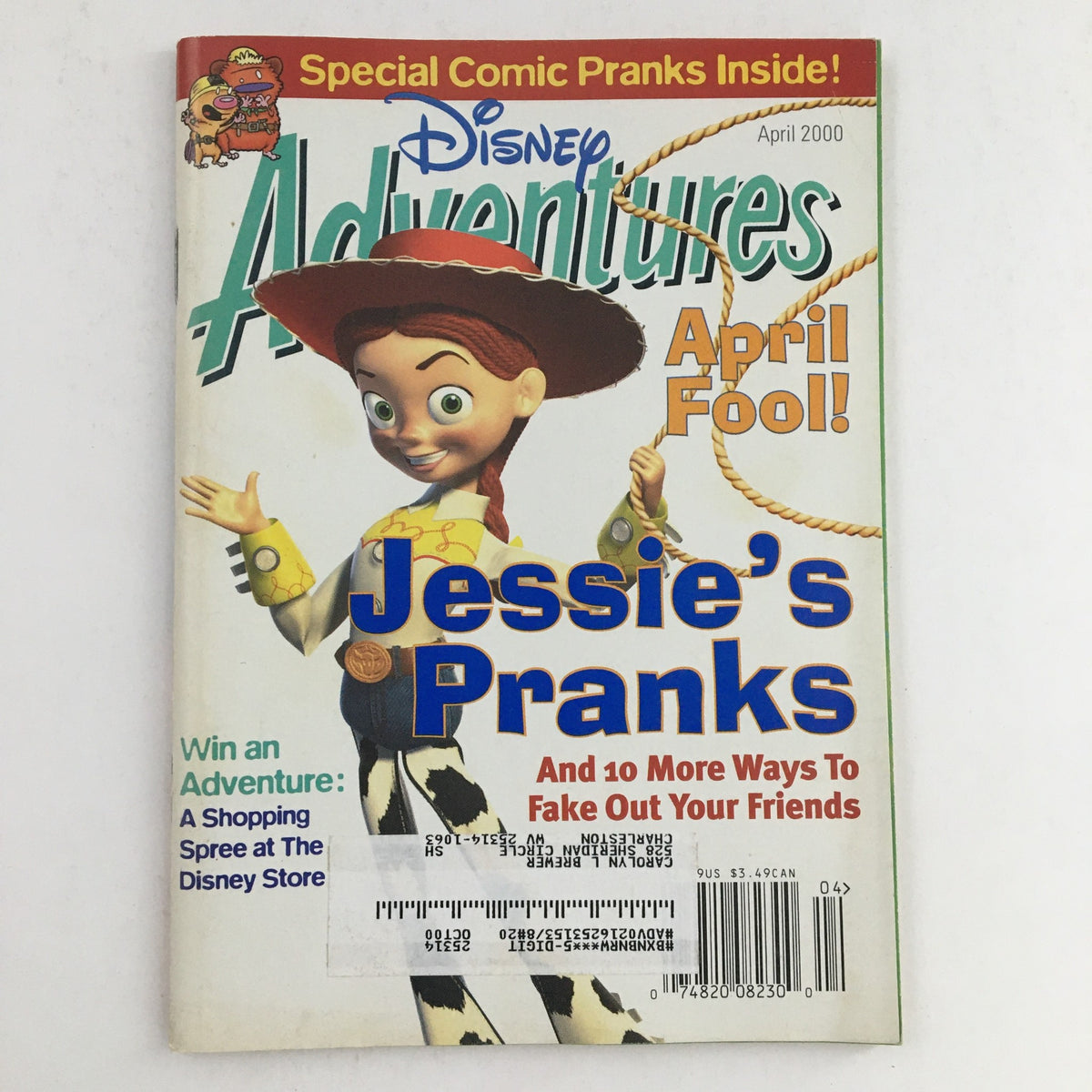 Disney Adventures Magazine April 2000 featuring Toy Story's Jessie with the title 'Jessie's Pranks' on the cover, highlighting special comic pranks and a fun April Fool theme.