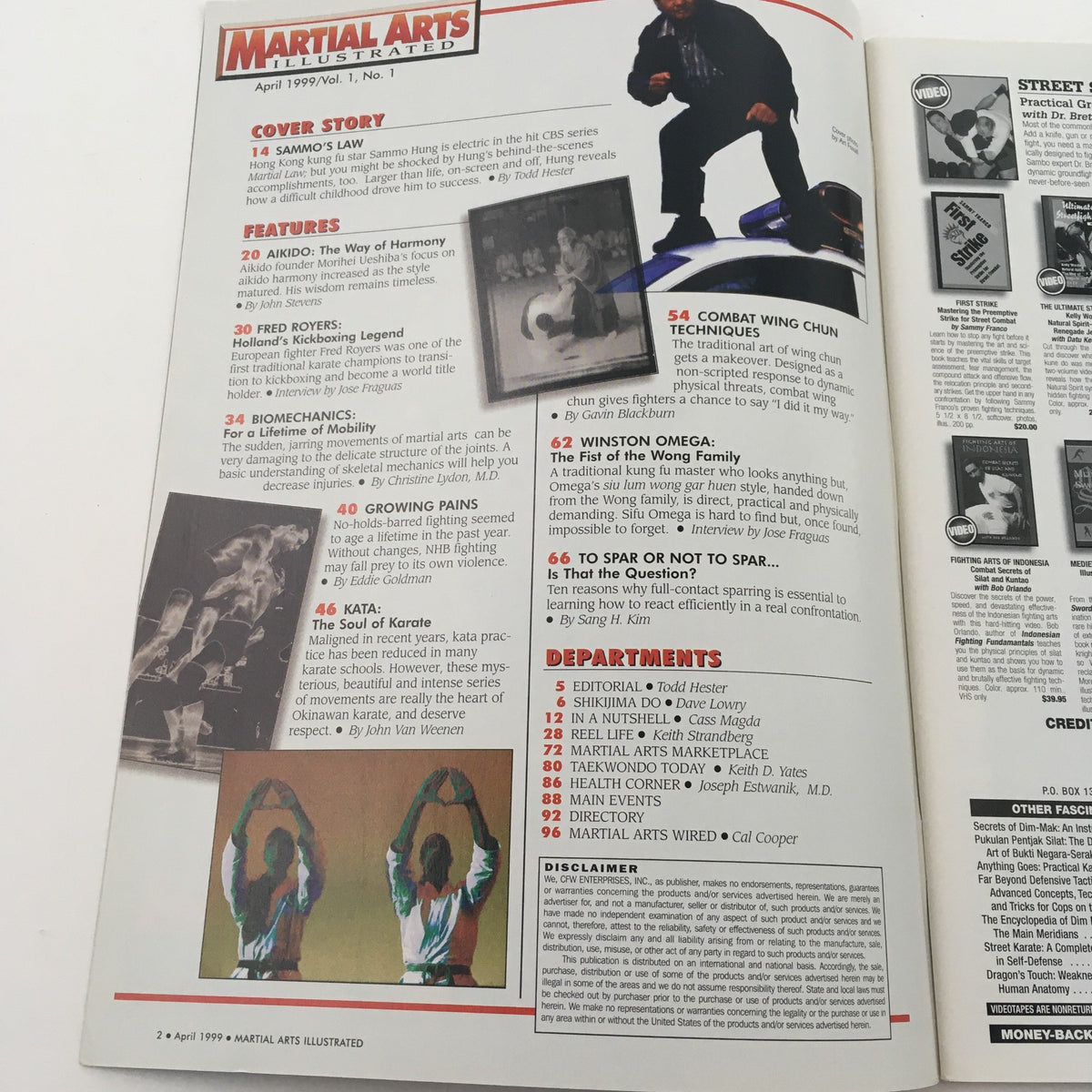 Interior page of Martial Arts Illustrated Magazine April 1999 featuring articles on martial arts techniques, including Aikido, Kickboxing, and Wing Chun, with a cover story on Kung Fu star Sammo Hung. Highlights include department sections and editorials, encapsulating martial arts culture and history.