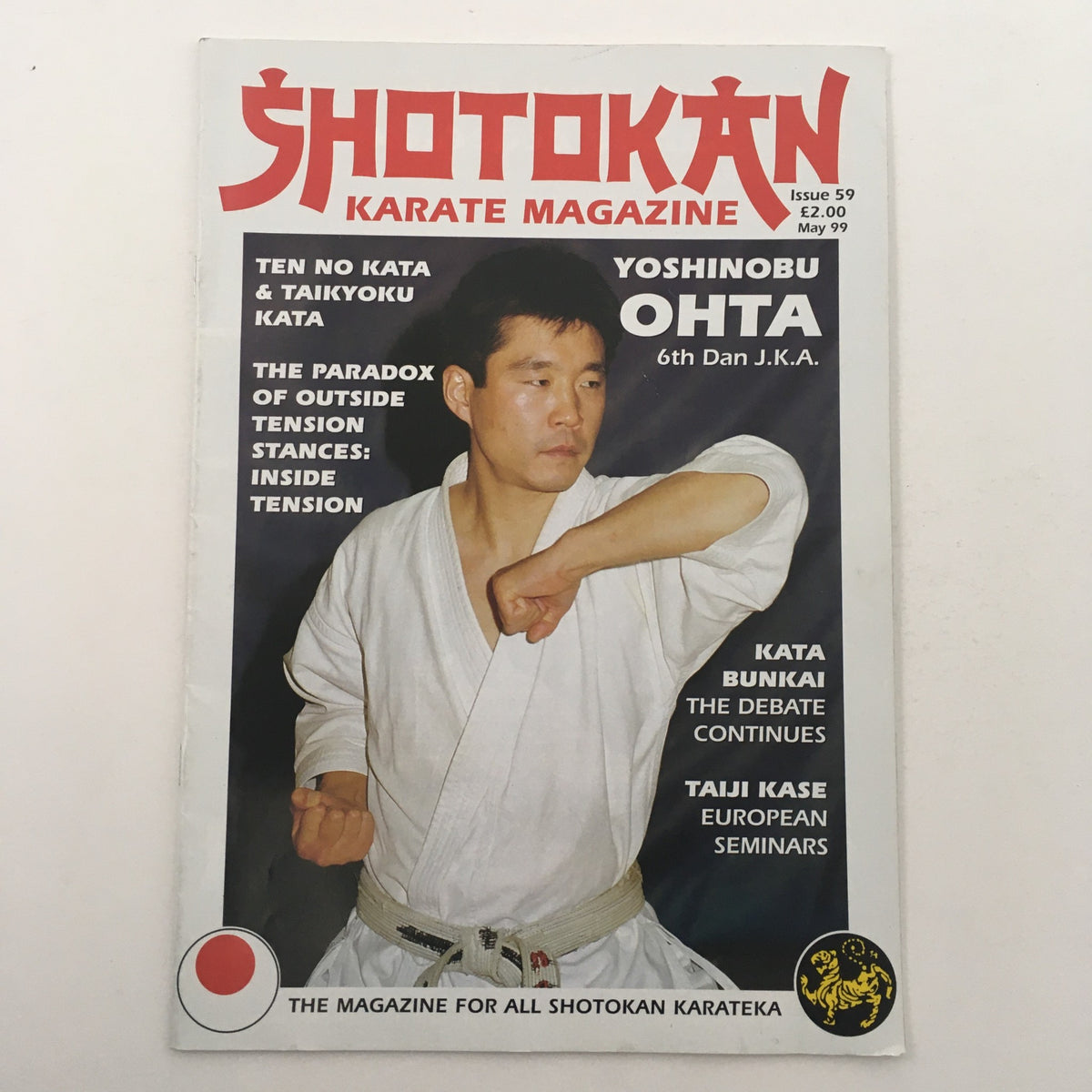 Cover of Shotokan Karate Magazine May 1999 Issue #59 featuring Yoshinobu Ohta, 6th Dan J.K.A. The cover highlights articles on Ten No Kata, Taikyoku Kata, and discussions on martial arts techniques and philosophy.