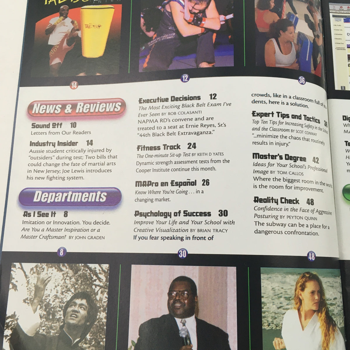 Interior page of Martial Arts Pro Magazine February 2001 showcasing sections including news, reviews, and industry insights related to martial arts.