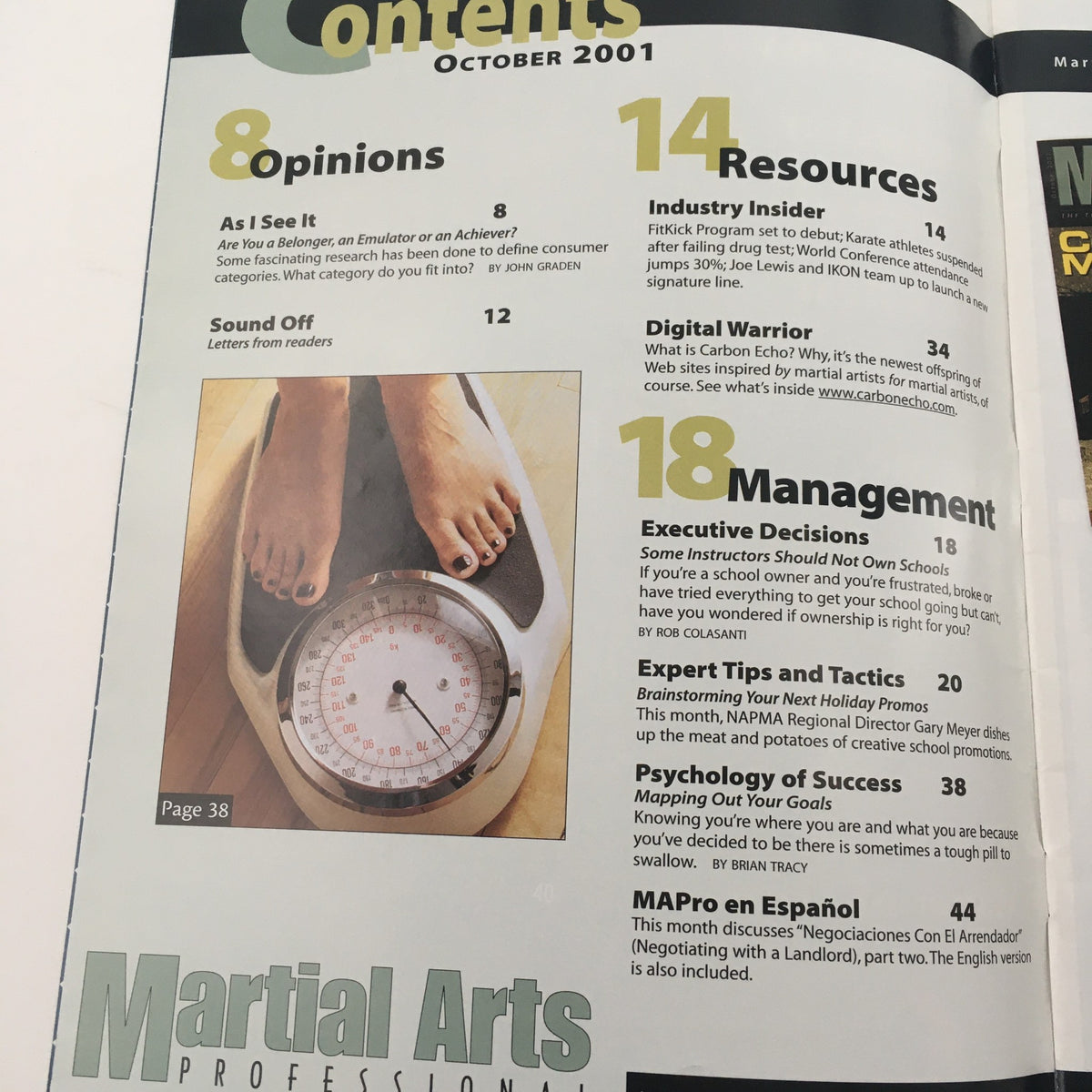 Contents page of Martial Arts Professional Magazine October 2001 showcasing articles on opinions, resources, and management tips relevant to martial arts education and strategy.