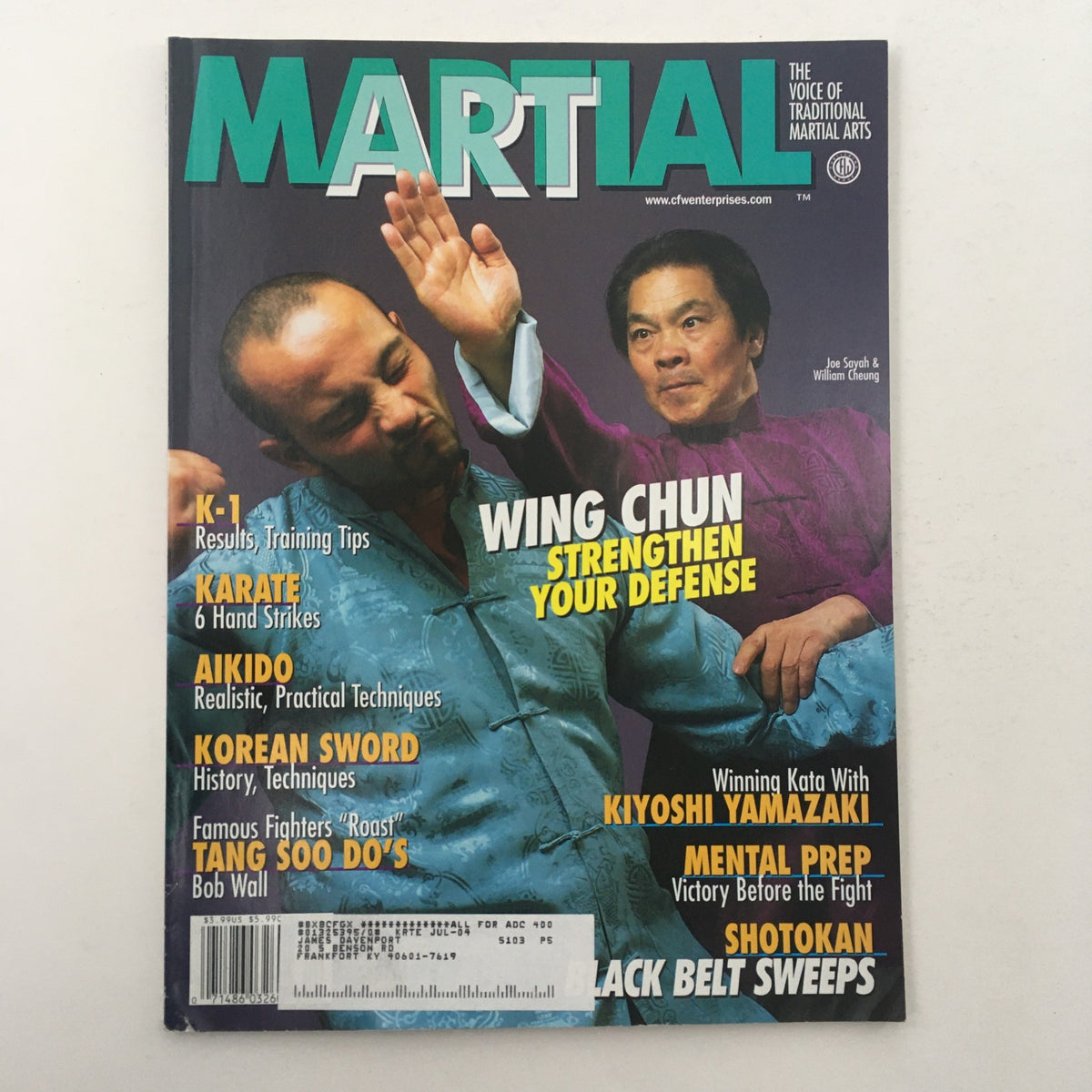 Cover of Martial Magazine December 2002 Vol 23 #12 featuring Masters Joe Sayah and William Cheung, highlighting Wing Chun techniques and martial arts training tips.