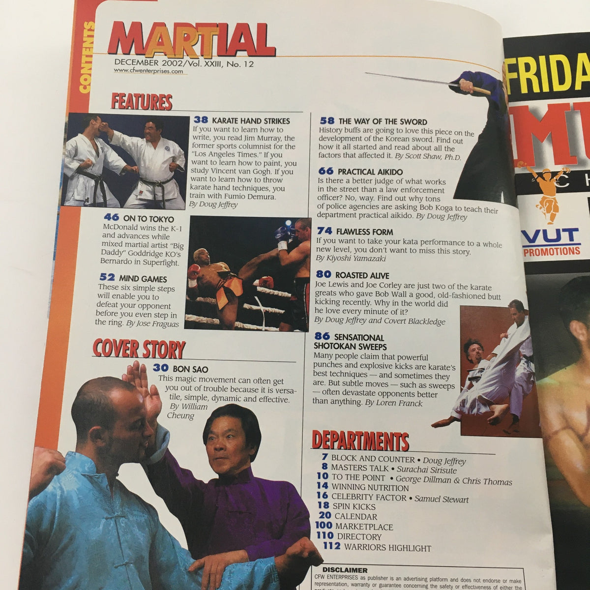 Martial Magazine December 2002 Vol 23 #12 showcasing contents including Karate Hand Strikes and cover story on Non Sao featuring masters Joe Sayah and William Cheung.