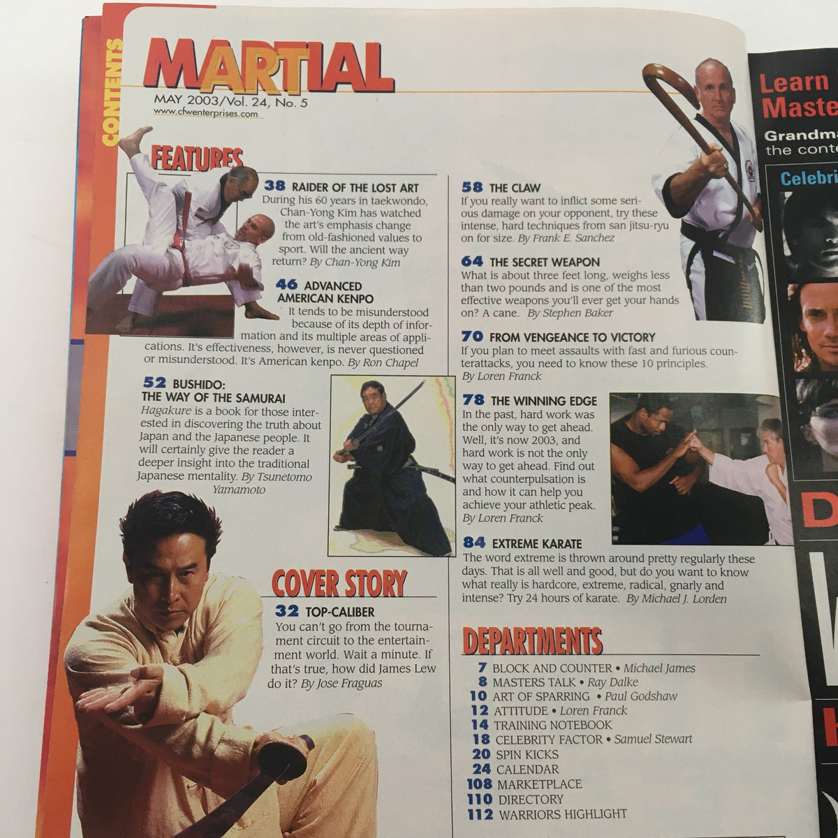 Contents page of Martial Magazine May 2003 Vol 24 #5, outlining features including Advanced Kenpo and the cover story on James Lew, highlighting martial arts styles and training tips.