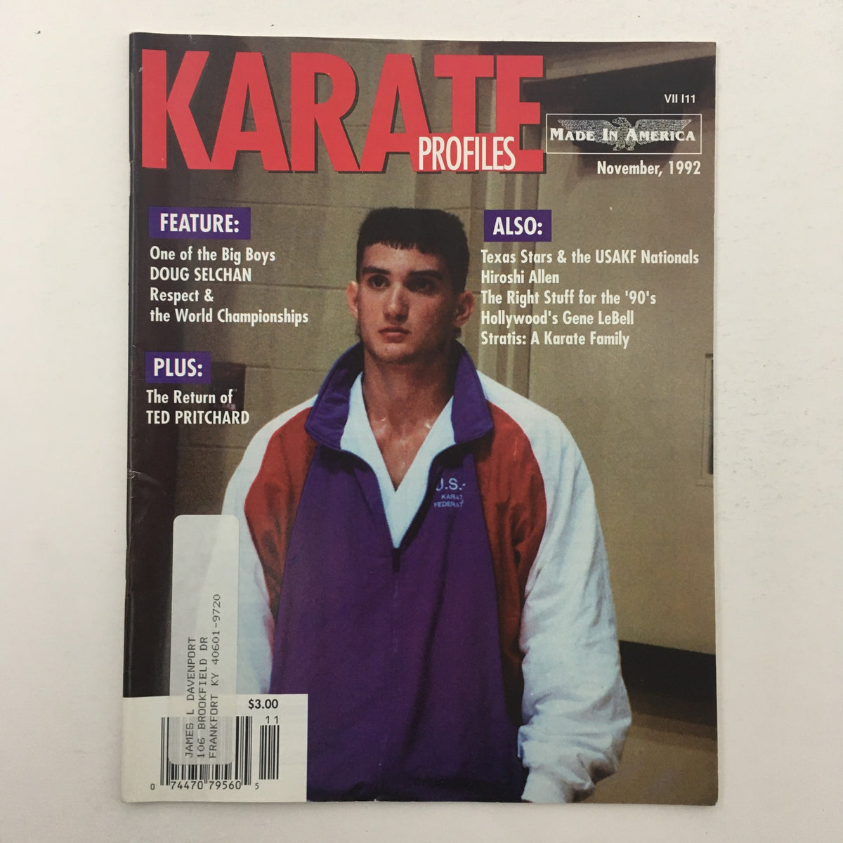 Cover of Karate Profiles Magazine from November 1992 featuring Doug Selchan, highlighting the return of Ted Pritchard, with articles on karate competitions and notable personalities in martial arts.
