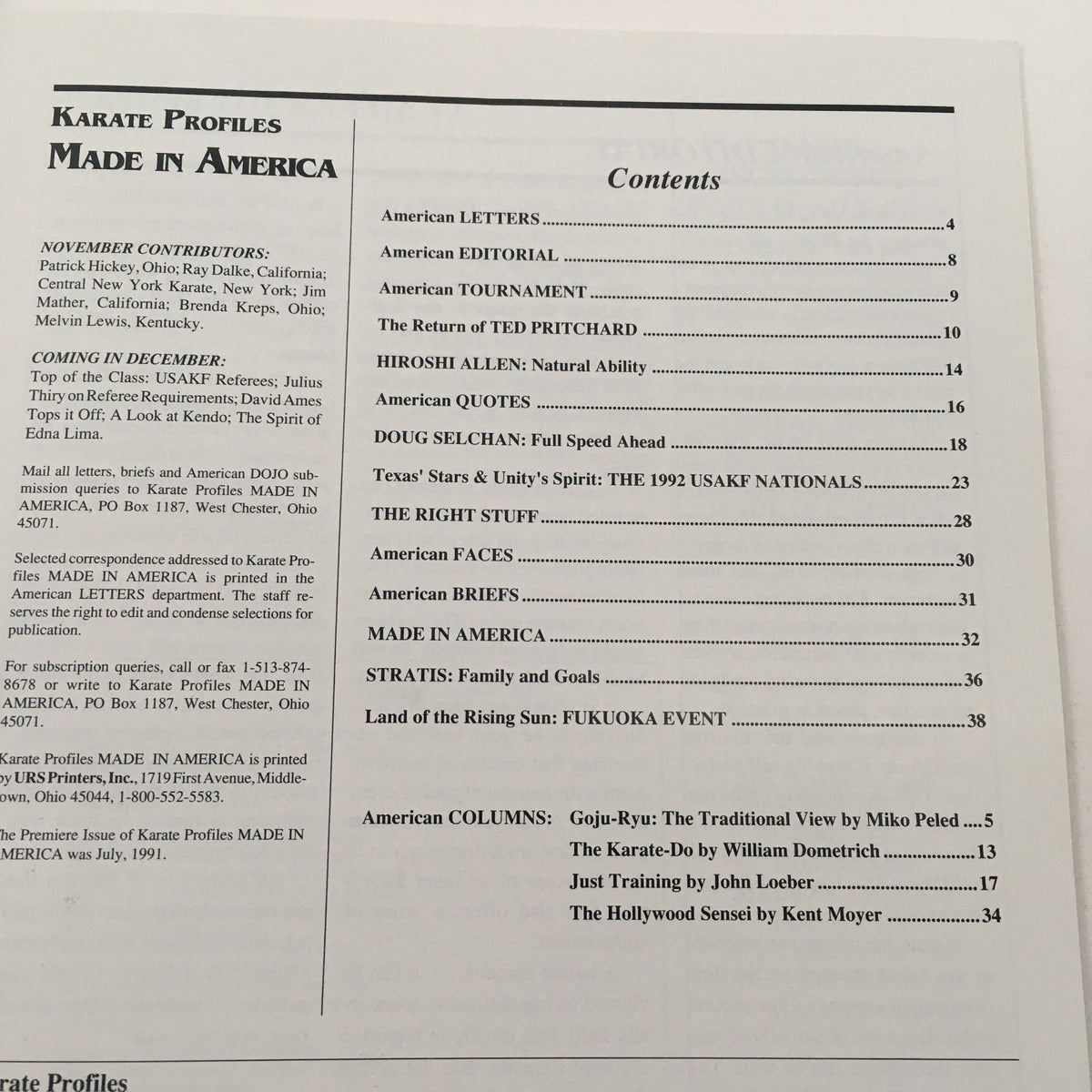 Table of contents from Karate Profiles Magazine November 1992, featuring articles about Doug Selchan and the return of Ted Pritchard. Highlights topics such as natural ability in karate, tournament insights, and American karate culture.