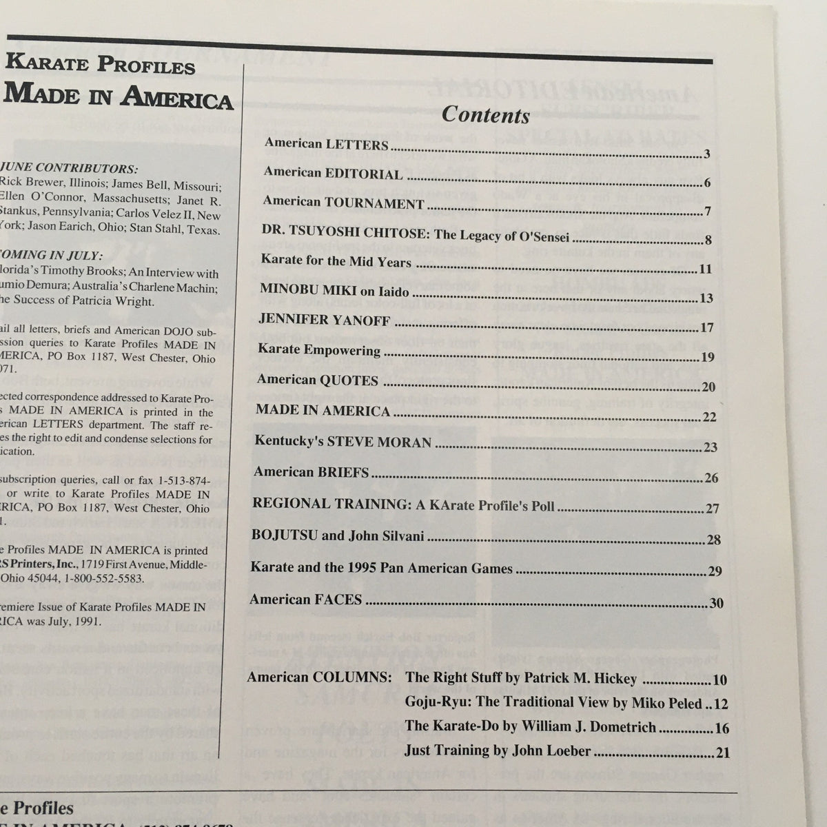 Contents page from Karate Profiles Magazine June 1993, featuring articles by Minobu Miki on Iaido and Dr. Tsuyoshi Chitose, highlighting martial arts insights and topics.