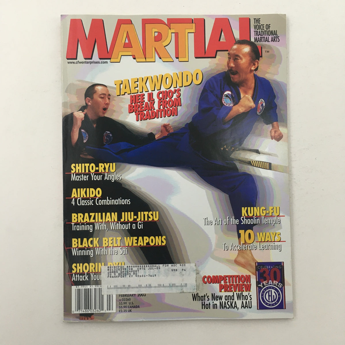 Cover of Martial Magazine February 2003 Vol 24 #2 featuring Shito Ryu techniques, Aikido, and Taekwondo practitioners in action, showcasing martial arts diversity and training methods.