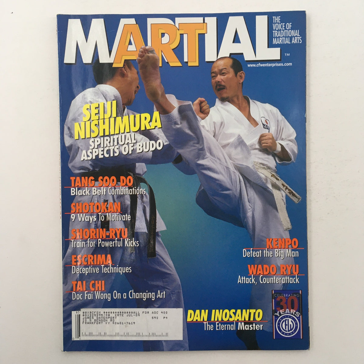 Cover of Martial Magazine March 2003 Vol 24 #3 featuring Seiji Nishimura showcasing a powerful kick, highlighting the art of Shorin-Ryu and various martial arts disciplines.