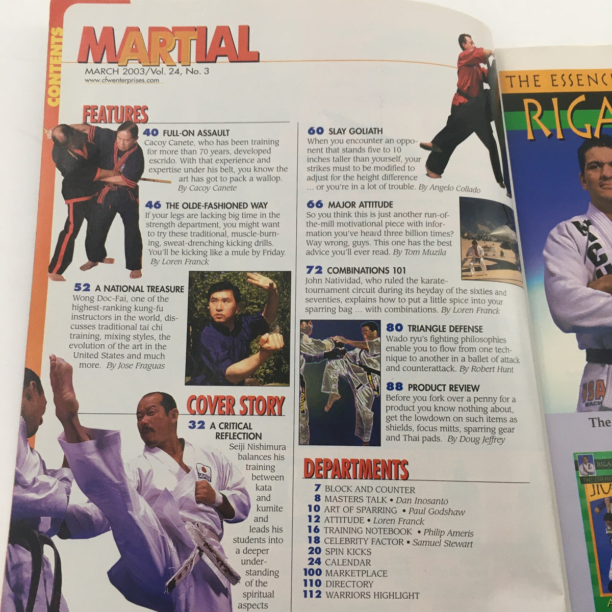 Contents page of Martial Magazine March 2003 Vol 24 #3, detailing features including Seiji Nishimura's cover story and various martial arts topics within the issue.
