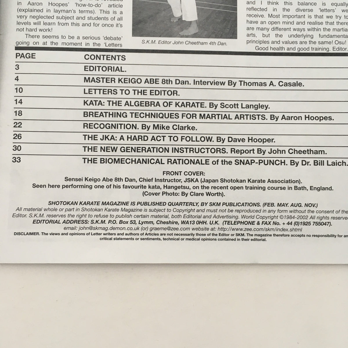 Table of contents from Shotokan Karate Magazine August 2002 Issue #72, detailing interviews and articles relevant to Shotokan Karate and martial arts philosophy.