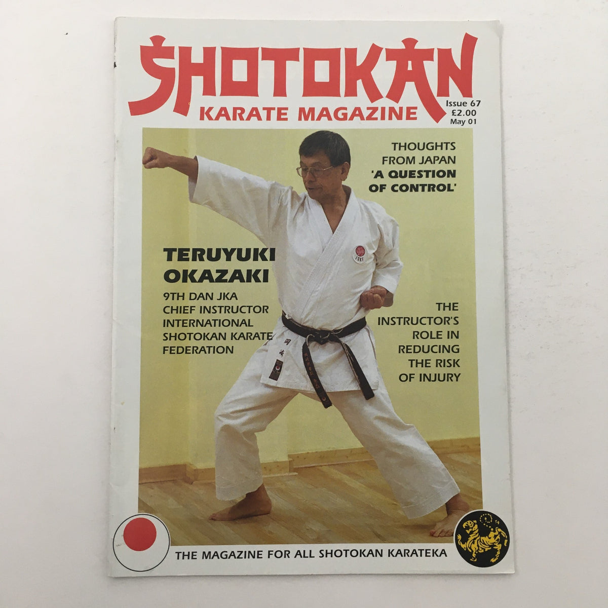Cover of Shotokan Karate Magazine May 2001, issue #67, featuring Master Teruyuki Okazaki, a 9th Dan black belt, demonstrating a karate stance.