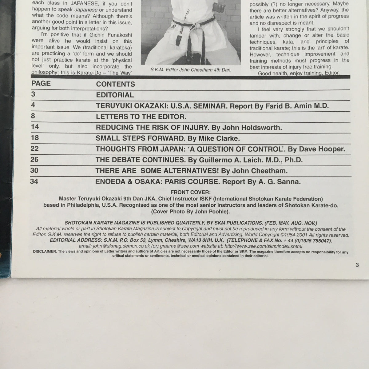 Interior page of Shotokan Karate Magazine May 2001, issue #67, displaying the table of contents and features articles on karate training and injury prevention.