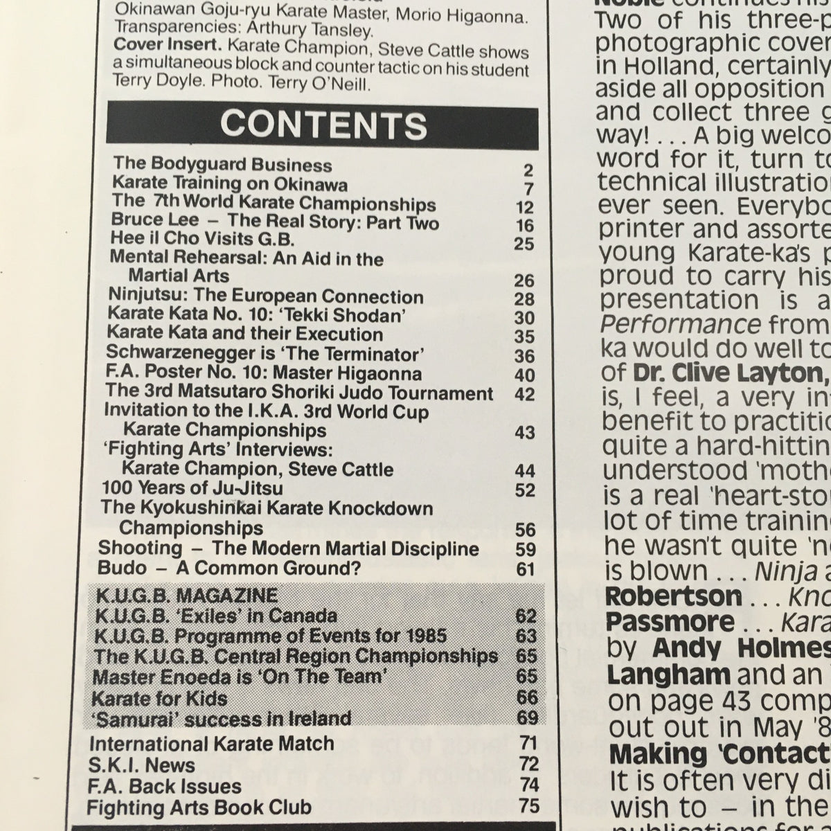 Contents page of Fighting Arts International Magazine Vol 5 #6 No. 30, detailing featured articles on karate techniques, interviews, and martial arts history.