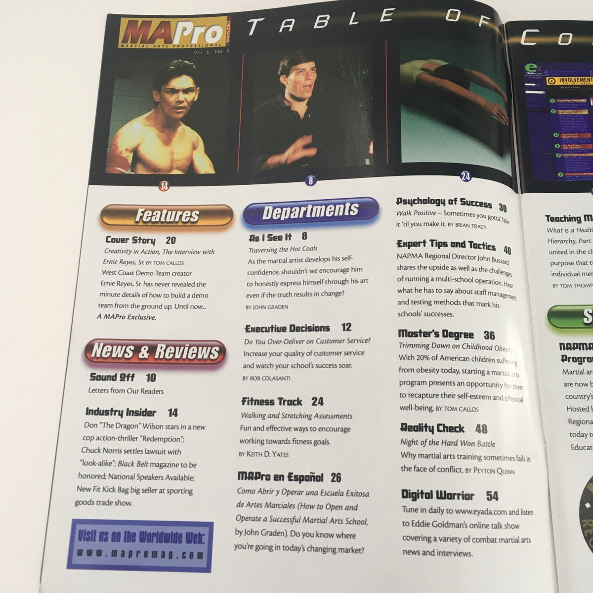 Table of contents from Martial Arts Pro Magazine March 2001 featuring Ernie Reyes and Don 'The Dragon' Wilson, highlighting features like Psychology of Success and Industry Insights.