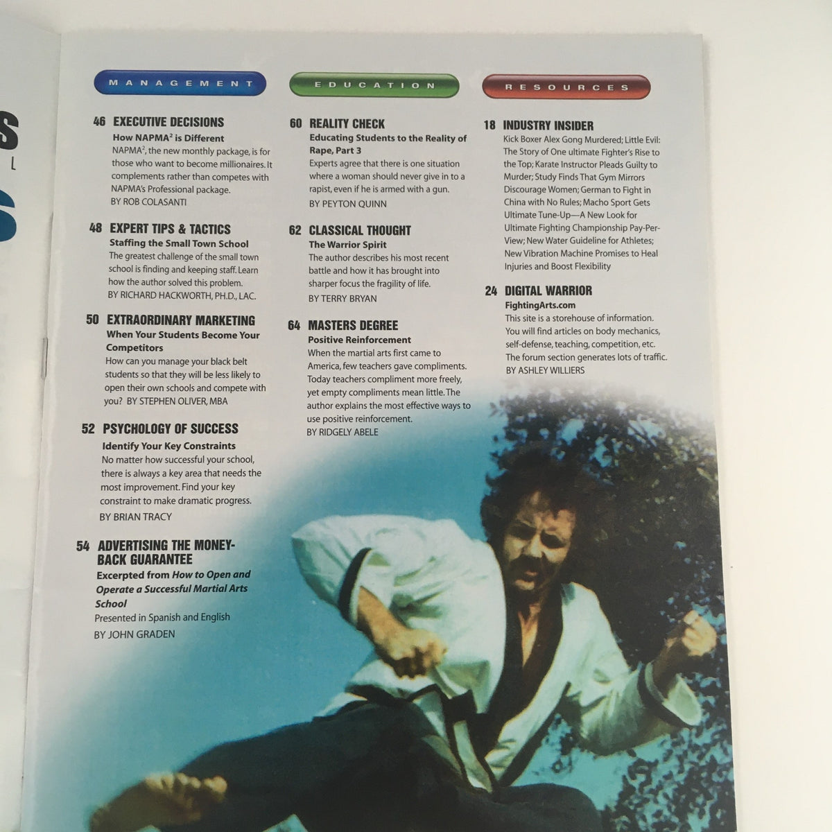 Interior page of Martial Arts Pro Magazine September 2003 discussing management, education, and resources related to martial arts training.