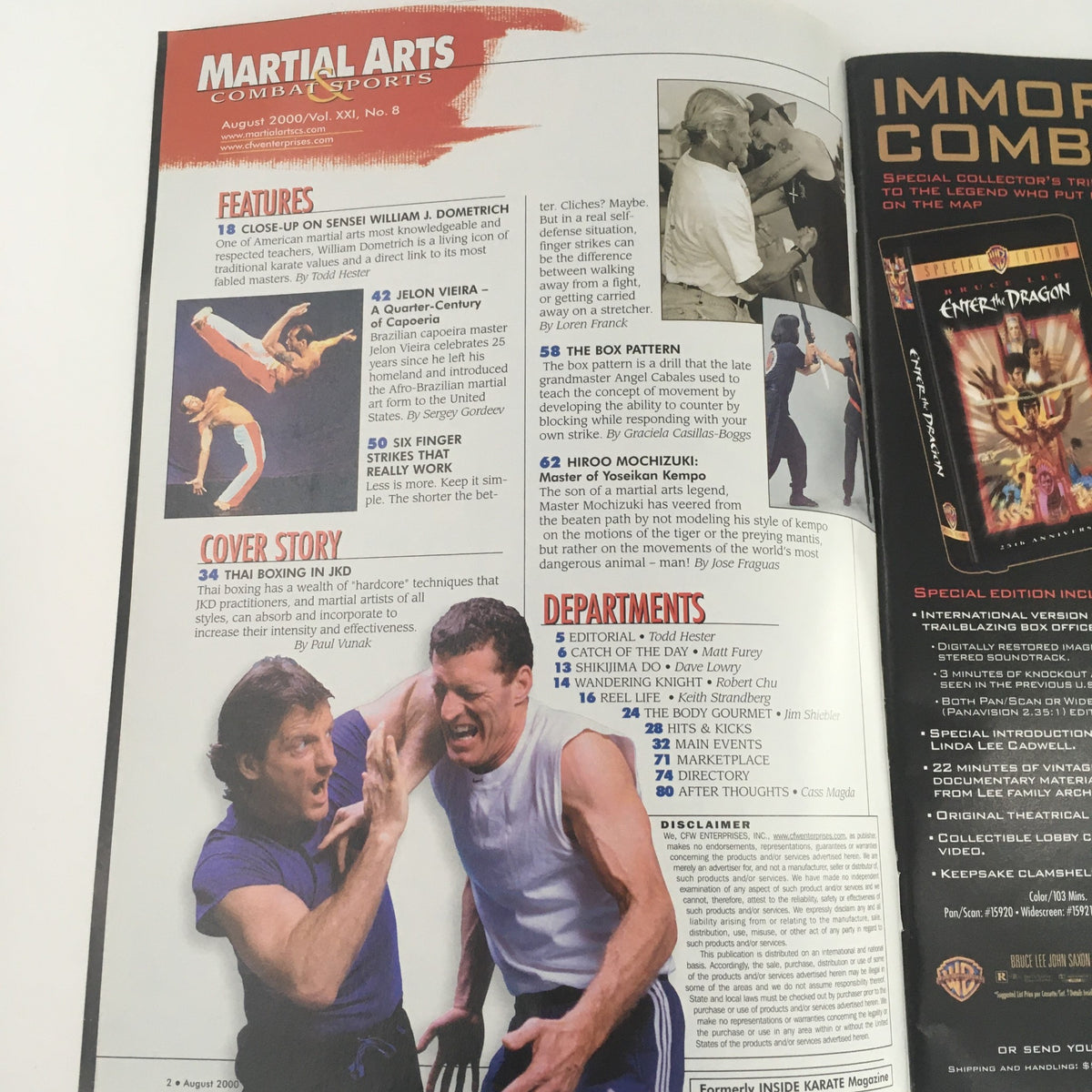 Martial Arts Combat Sports Magazine August 2000 featuring cover story on boxing with Paul Vunak and highlights on combat sports methodologies and training techniques.