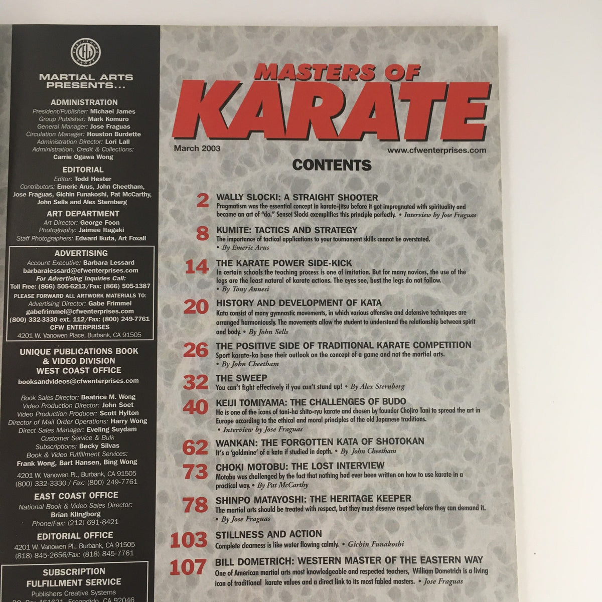 Cover of Masters of Karate Magazine March 2003 featuring Wally Slocki and Keiji Tomiyama, displaying contents related to martial arts, tactics, and kata.