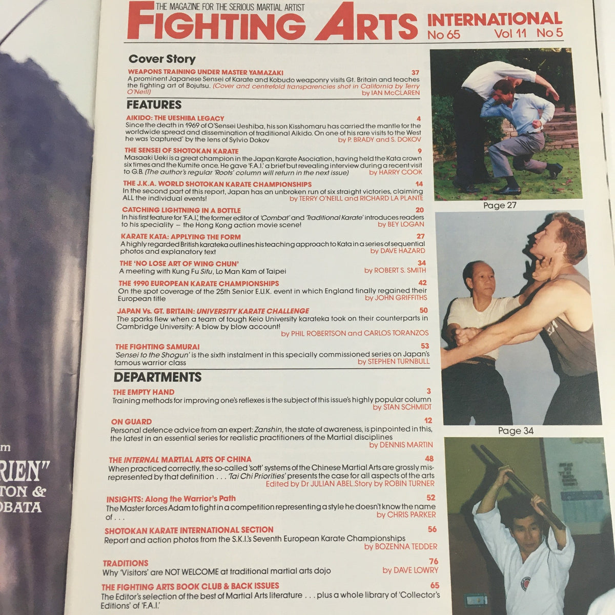 Fighting Arts International Magazine No. 65 interior page showcasing the contents including articles about martial arts history, Shotokan Kata, and interviews.