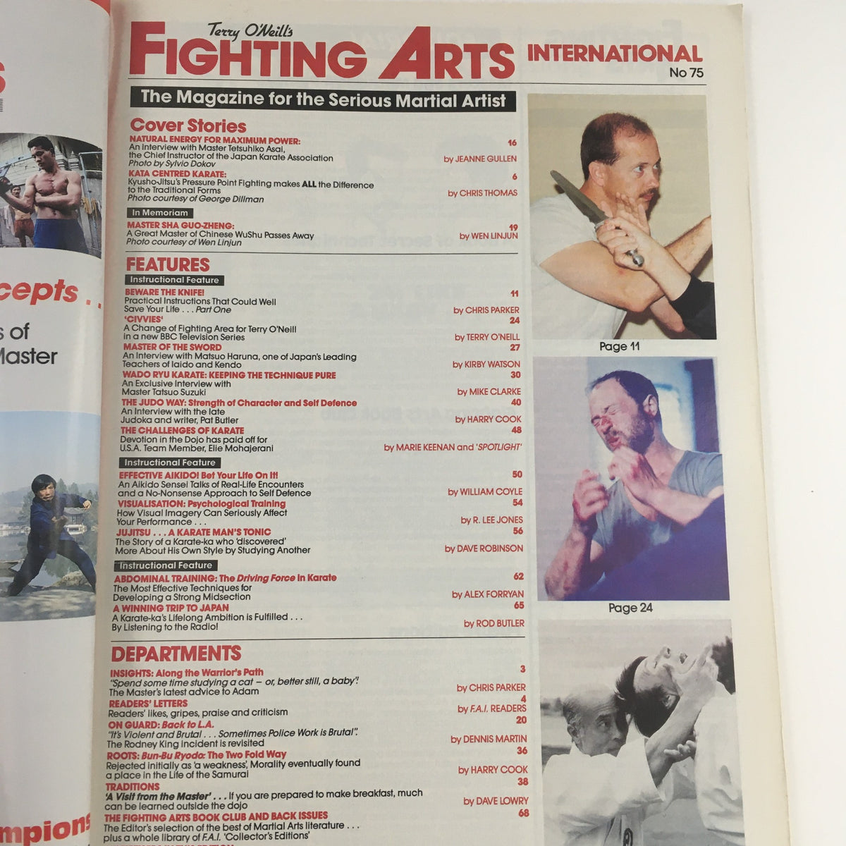 Interior page of Fighting Arts International Magazine No. 75 showcasing articles and features related to karate and martial arts techniques.