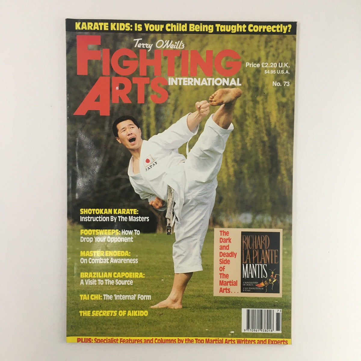 Fighting Arts International Magazine No. 73 cover featuring martial artist performing a high kick, highlighting contents about Shotokan Karate, footwork, and martial arts training.