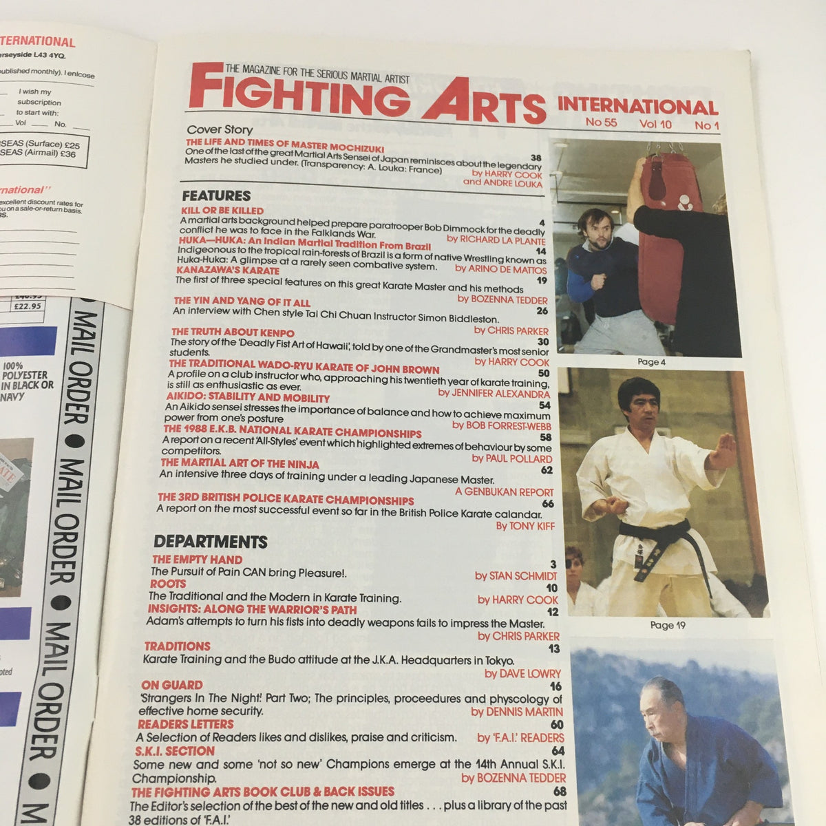 Fighting Arts International Magazine No. 55 showcasing cover story on Master Mochizuki with contents listing and article highlights.