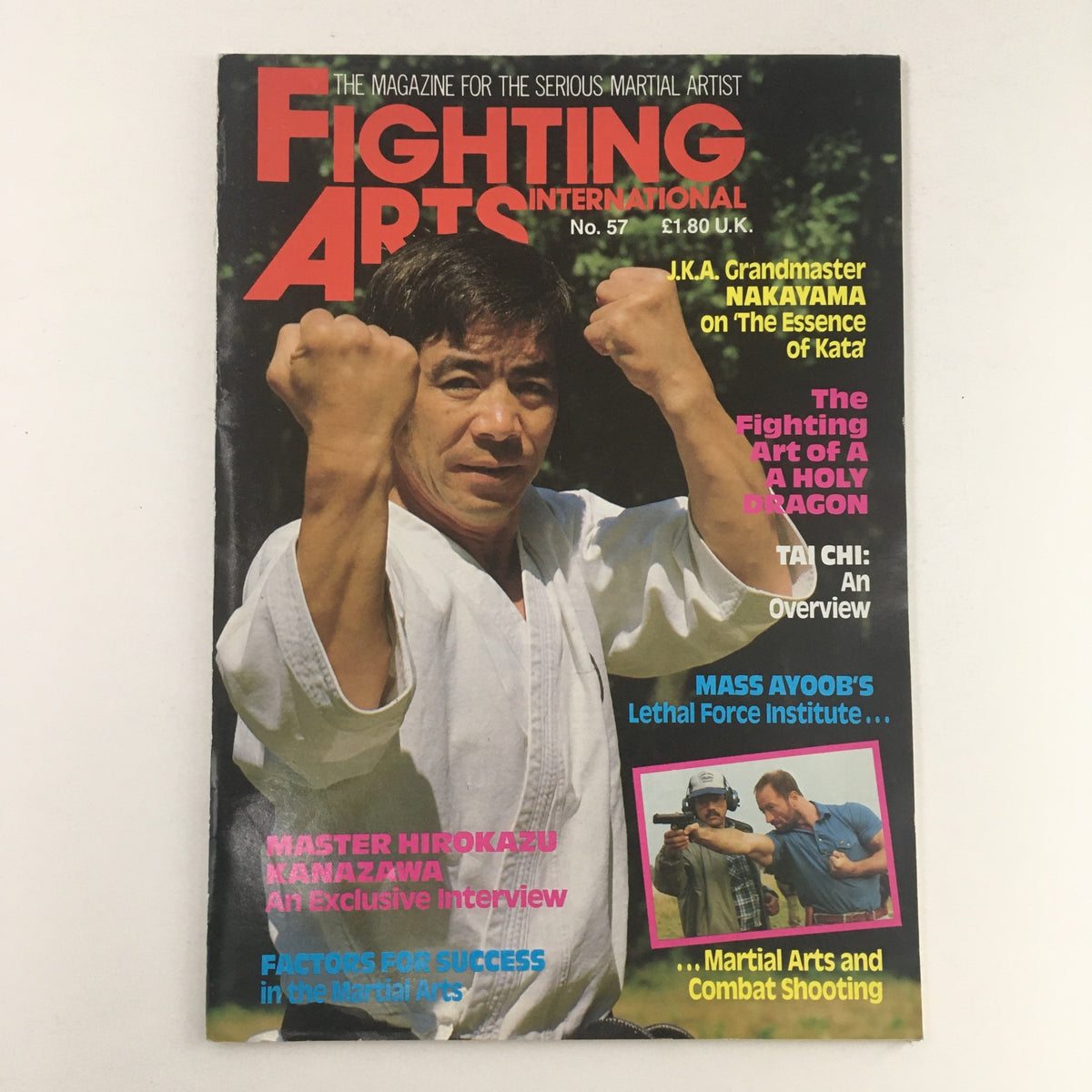 Cover of Fighting Arts International Magazine No. 57, featuring Master Hirokazu Kanazawa demonstrating a karate stance, highlighting the magazine's focus on martial arts and its legendary figures.