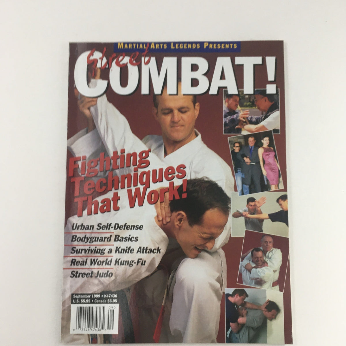 Cover image of Street Combat Magazine, September 1999, featuring articles on urban self-defense, bodyguard basics, and fighting techniques, showcasing a martial artist demonstrating a technique.
