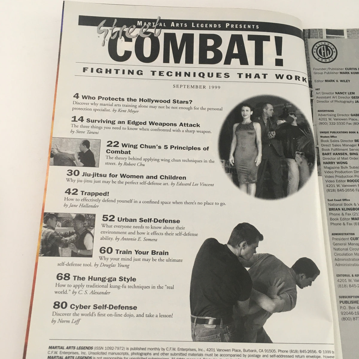 Contents page of Street Combat Magazine, September 1999, listing articles on self-defense strategies, martial arts techniques, and personal safety tips, with a collage of images depicting various combat situations.
